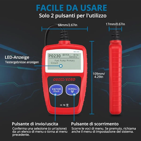 Tester OBD2 Scanner, OBDII 2 Bottoni Dispositivo Diagnostica Auto, Lettura dei codici Scanner con definizione DTC, Multilingue Strumento Diagnostica Autoveicoli - Image 3