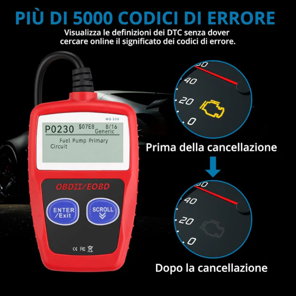 Tester OBD2 Scanner, OBDII 2 Bottoni Dispositivo Diagnostica Auto, Lettura dei codici Scanner con definizione DTC, Multilingue Strumento Diagnostica Autoveicoli - Image 4