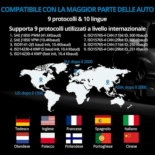 Tester OBD2 Scanner, OBDII 2 Bottoni Dispositivo Diagnostica Auto, Lettura dei codici Scanner con definizione DTC, Multilingue Strumento Diagnostica Autoveicoli - Image 5